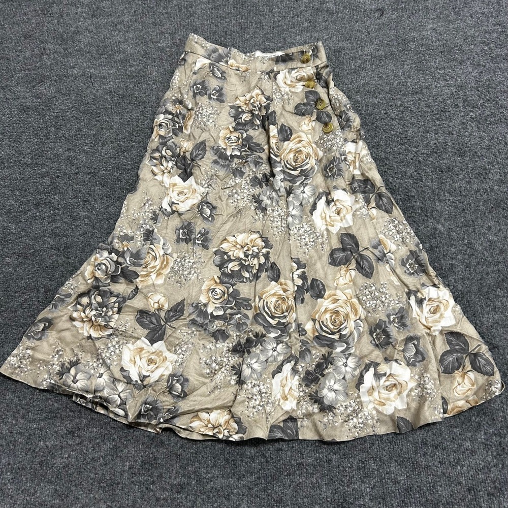 Evan-Picone Skirt Womens Size 2 Tan Floral Rayon Midi Side Button Casual Vintage
